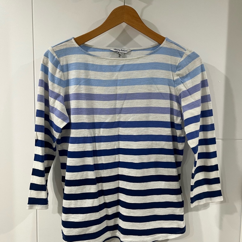 Tommy Bahama Blue Striped Ombre 3/4 Sleeve Blouse, Medium, gently used.